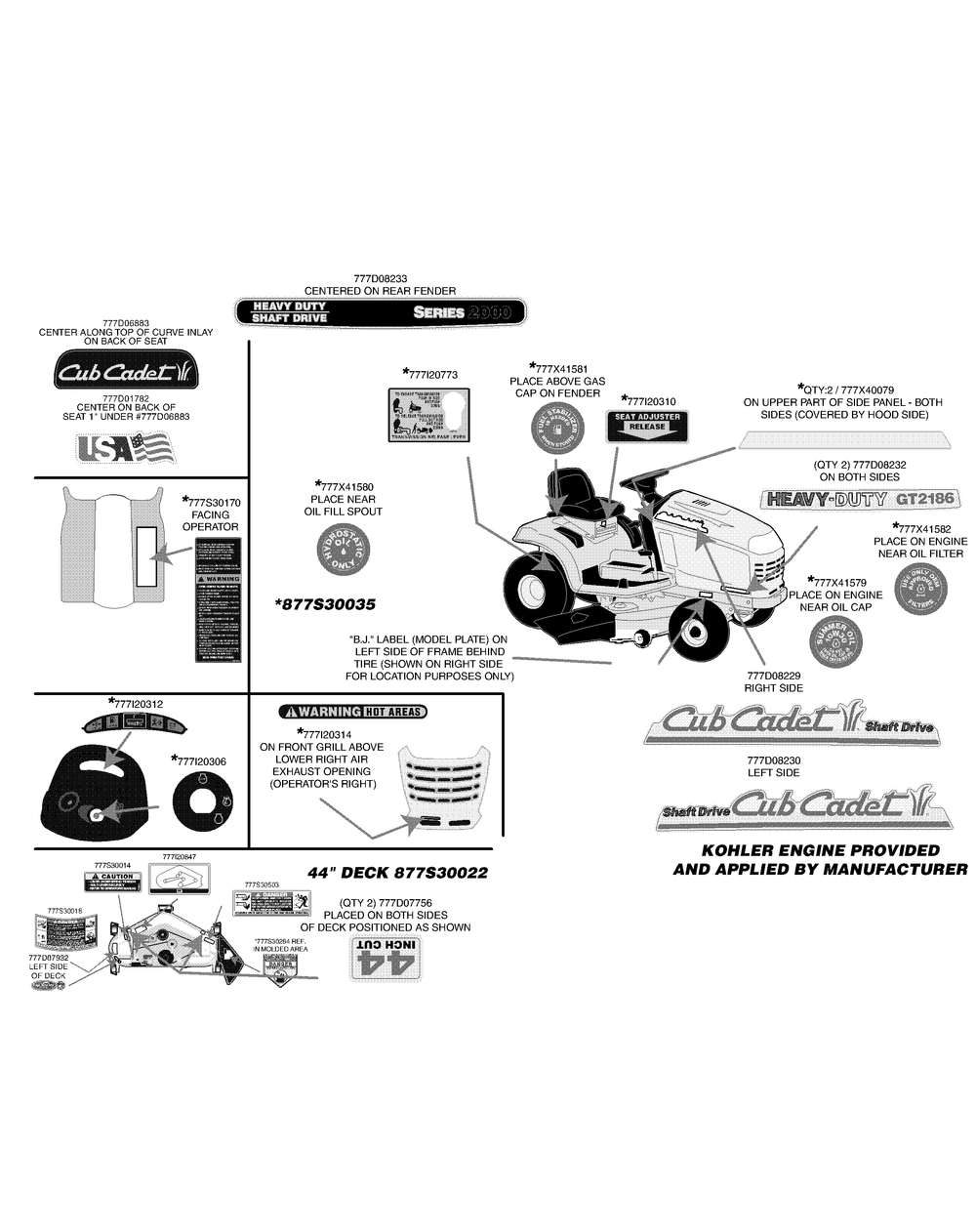 Label Map Diagram and Parts List for GT2186-44 13A298L710-13A298L712 Cub Cadet Lawn Tractor